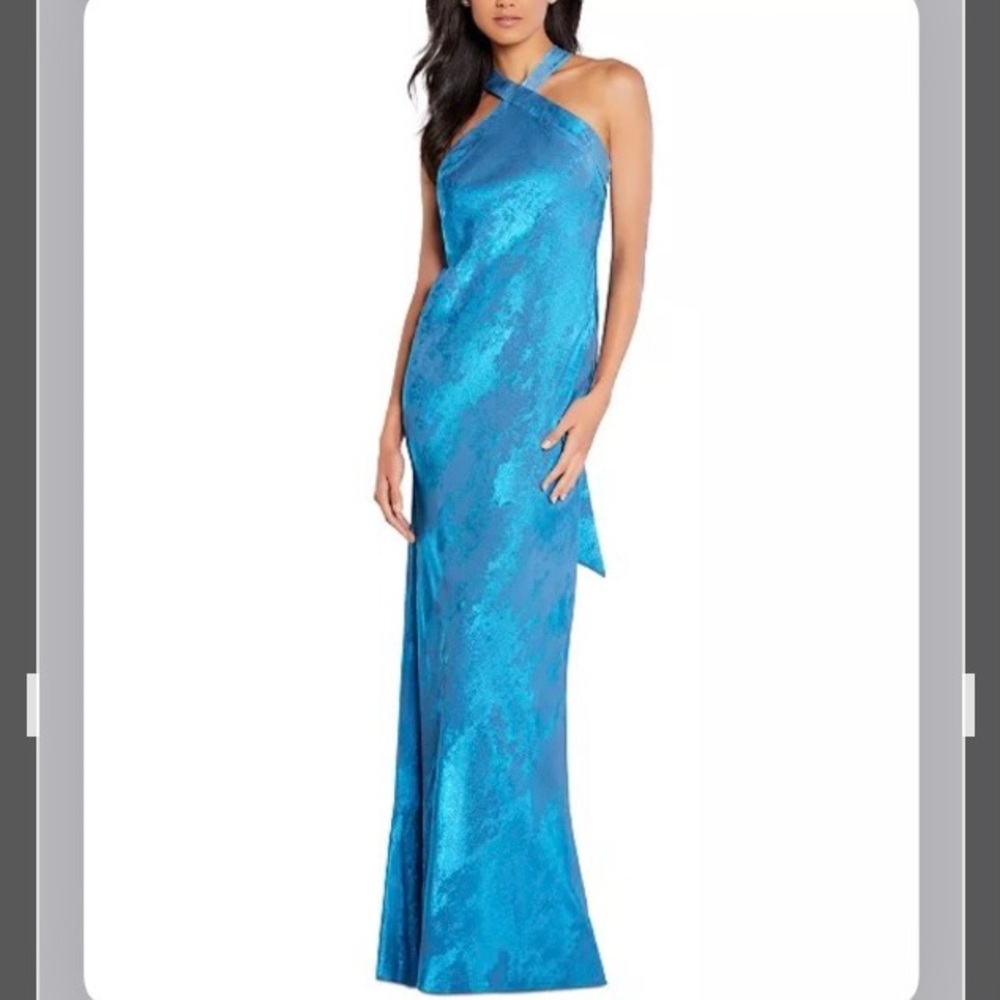 Aidan by Aidan Mattox Halter Sleeveless Foiled Mermaid Gown in Ocean Dream Sz 4